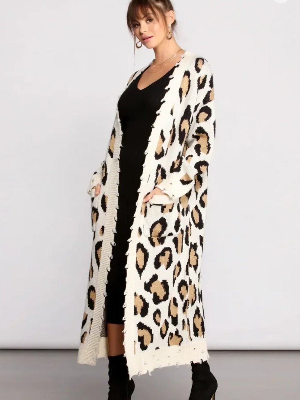 Leopard Print Long Open Cardigan - Cream & Black